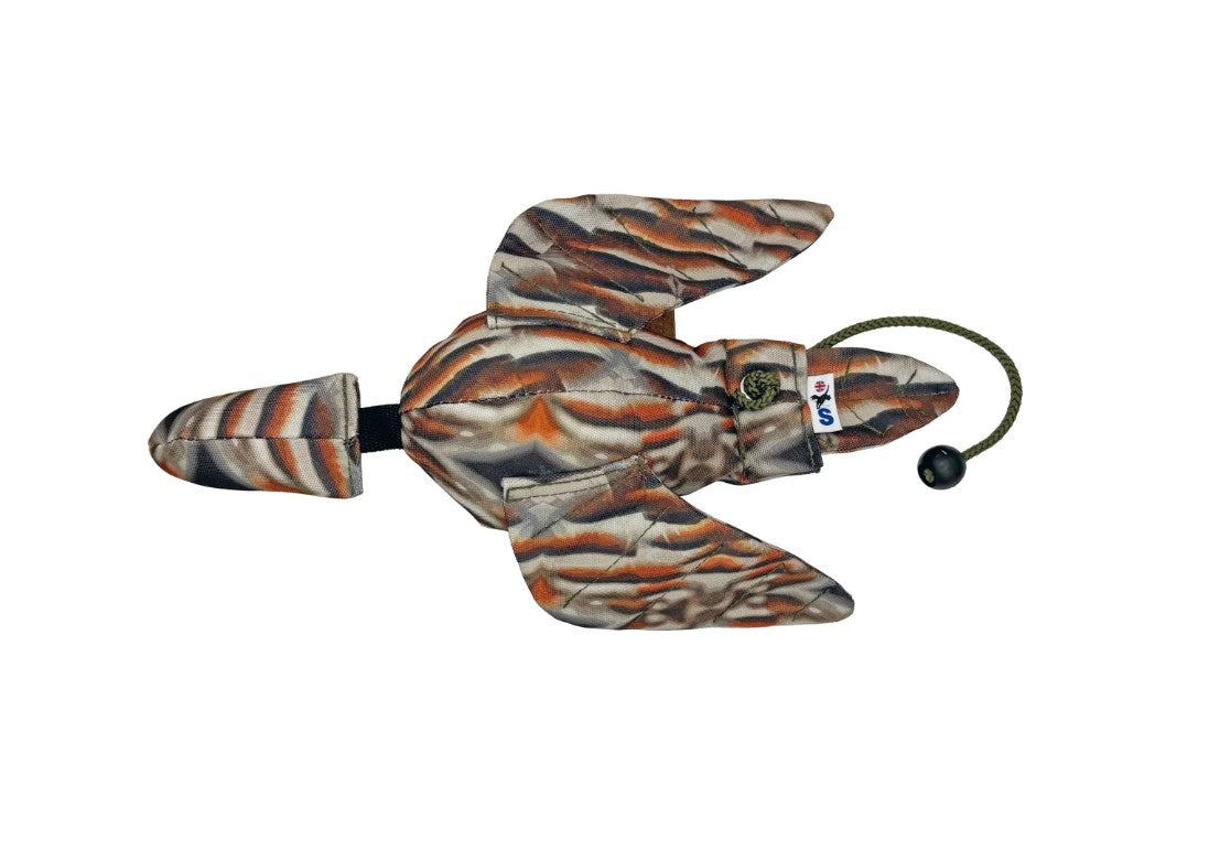 Camouflage duck decoy on a white background