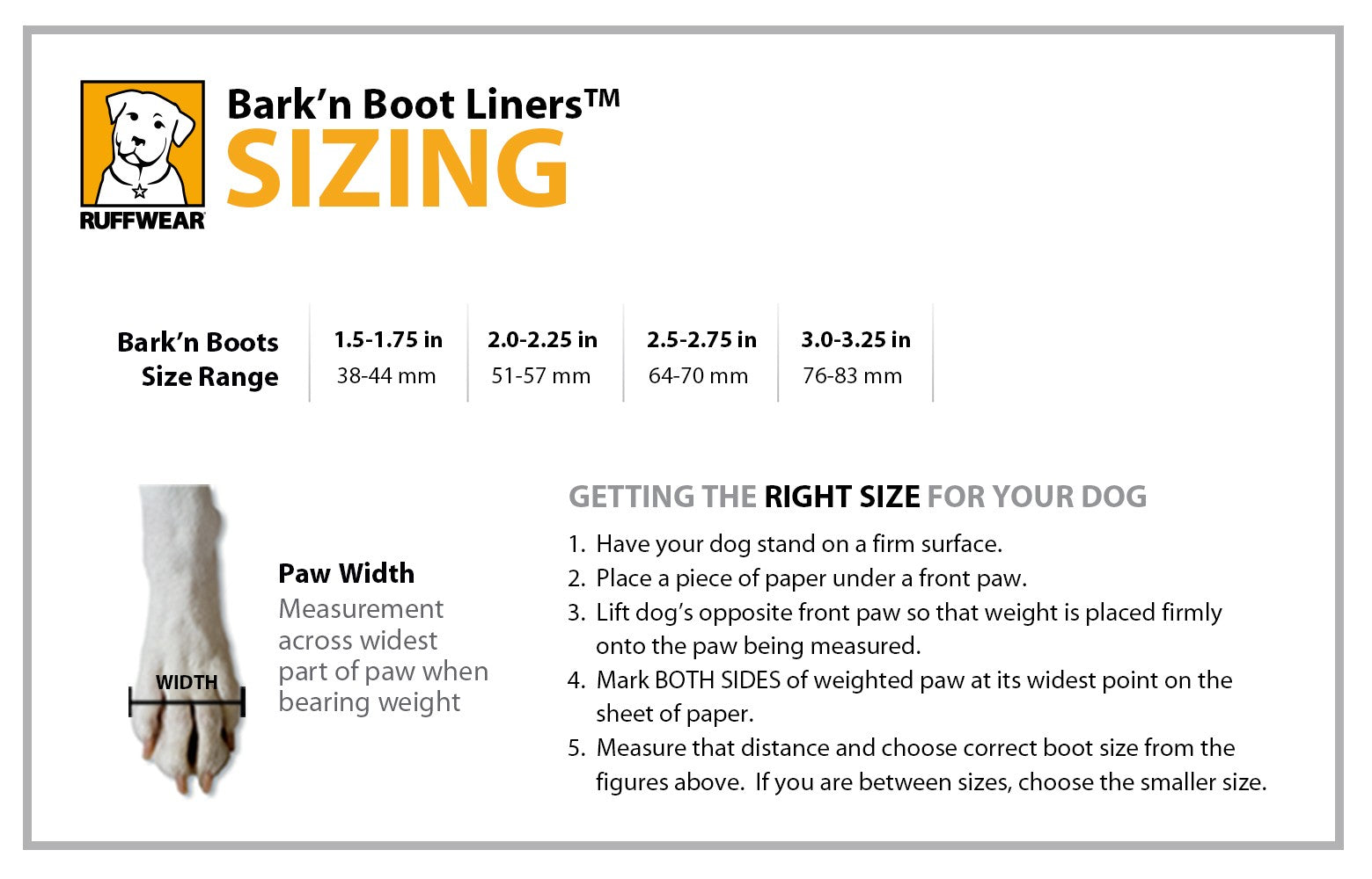 Ruffwear Bark'n Boots Liners - Sizing Guide